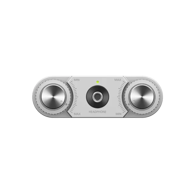 Headphone amplifier product shot, minimal, technical, light