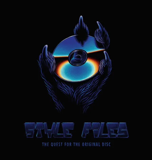 Style Files disc artwork with glowing eye, illustrated, gradient-heavy, dark