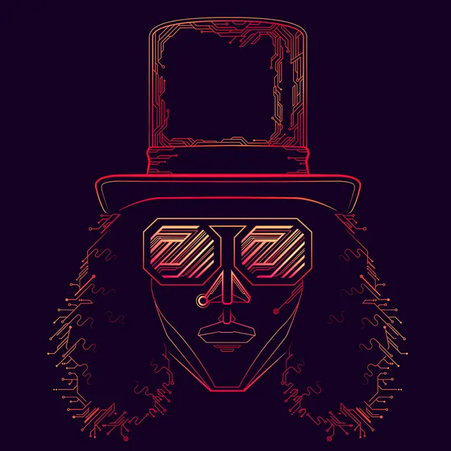Neon line-art face with circuit-trace afro and top hat, line-art, dark-mode, dark