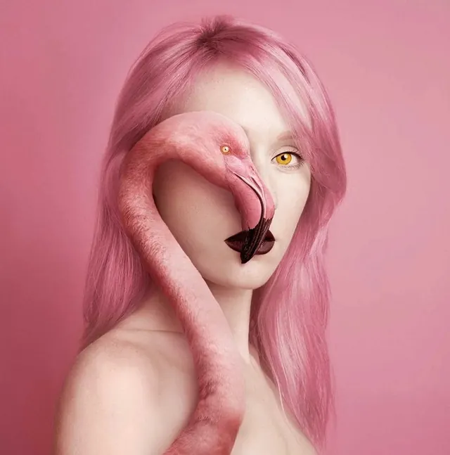 Animeyed surreal portrait with bird element, illustrated, playful, vibrant