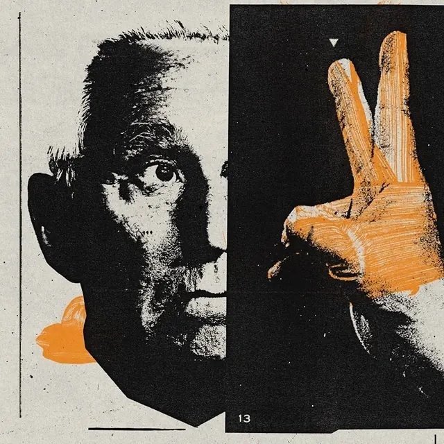 High-contrast portrait with peace gesture graphic, editorial, monochrome, monochrome