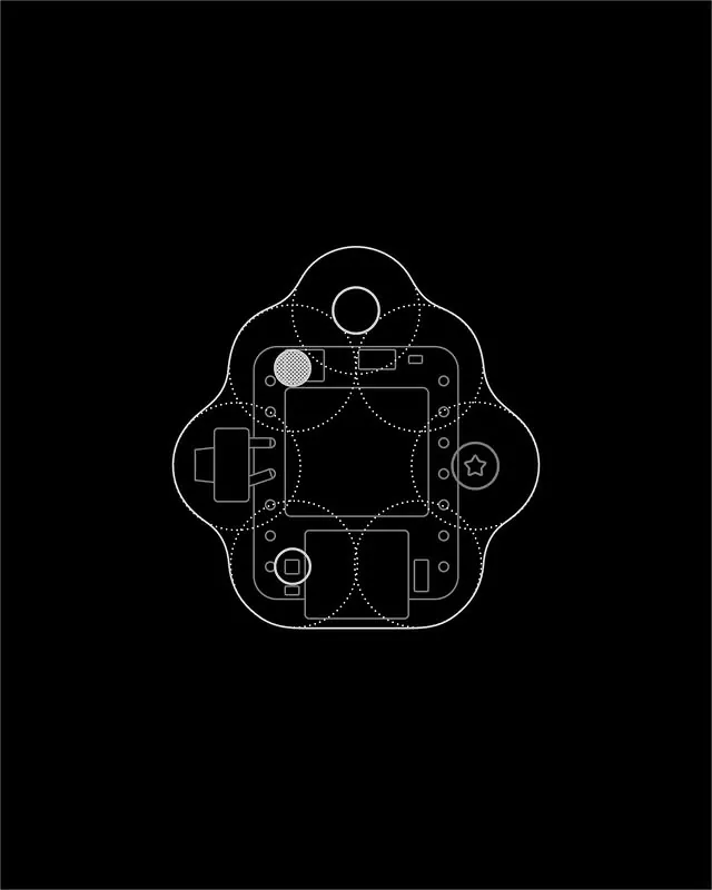 Tamagotchi-style device blueprint, minimal, technical, dark