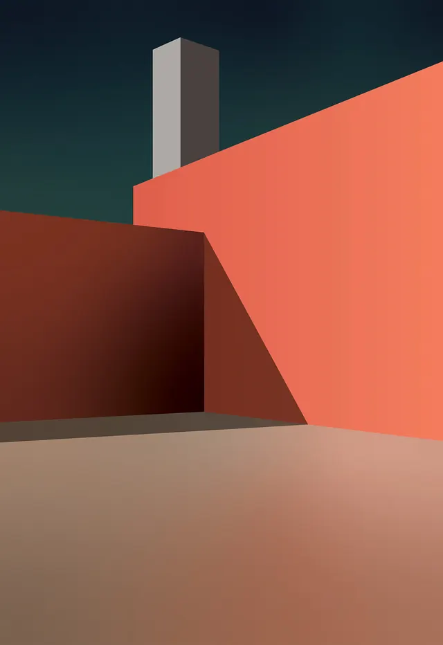 Geometric courtyard architectural illustration, minimal, geometric, warm
