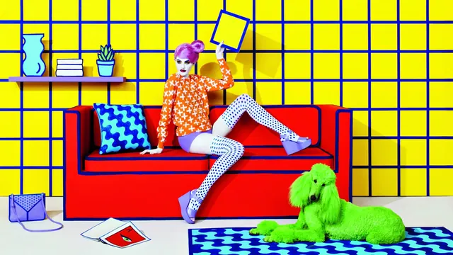 Pop Art Interior Illustration with Grid, illustrated, playful, vibrant