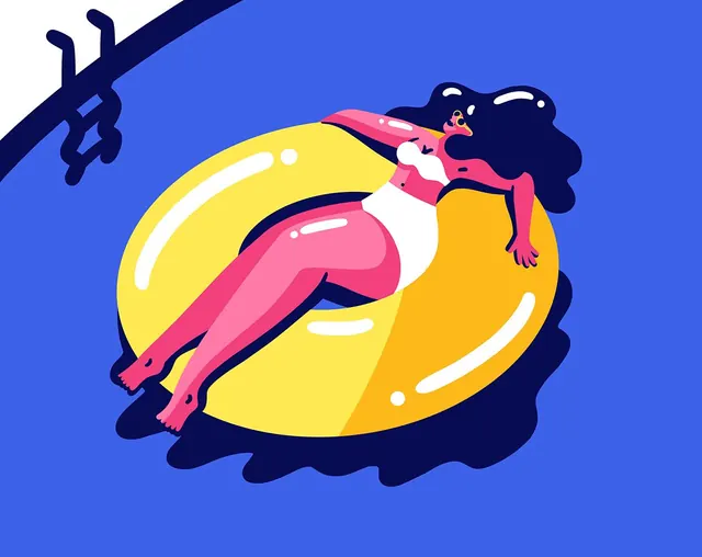 Illustration of a person on a floatie, playful, flat, vibrant