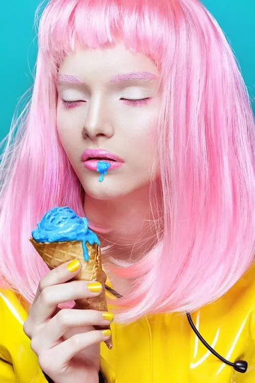 Pink-Haired Character with Blue Drink, playful, y2k, vibrant