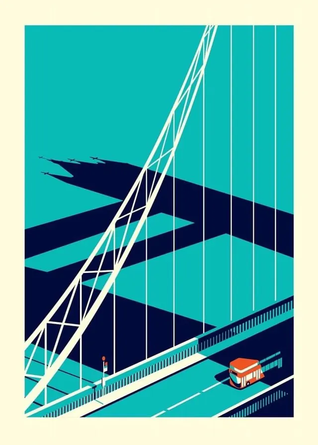 Suspension Bridge Illustration, minimal, geometric, vibrant