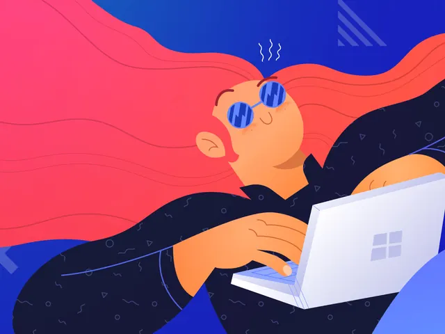 Illustrated person using laptop with flowing hair, illustrated, flat, vibrant