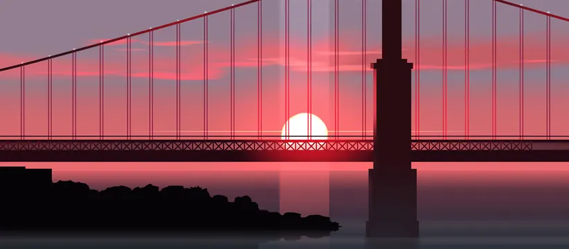 Suspension bridge at sunset, illustrated, minimal, vibrant