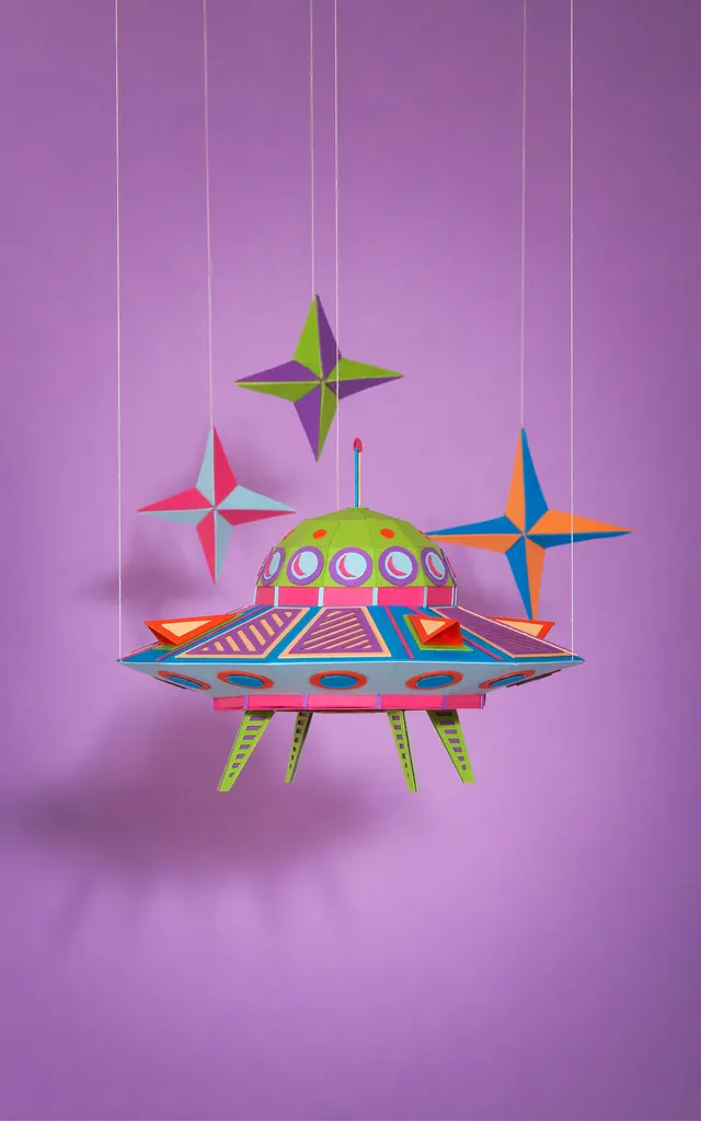 UFO illustration paper craft, illustrated, playful, vibrant
