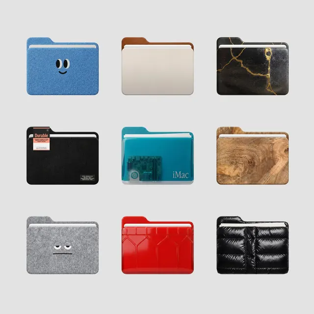 Collection of nine illustrated laptop sleeves, illustrated, flat, vibrant