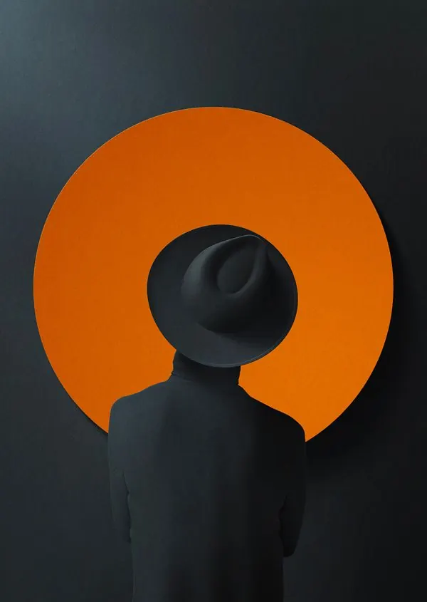 Silhouette figure with oversized orange circular element, illustrated, minimalist, dark
