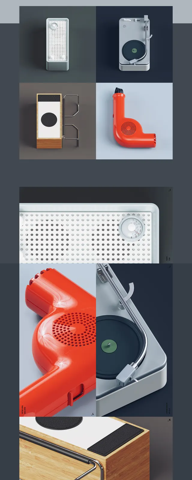 Vintage speaker design collection showdown, 3d-render, product-showcase, vibrant