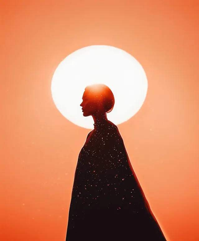 Silhouette Profile with Rising Sun, illustrated, gradient-heavy, warm