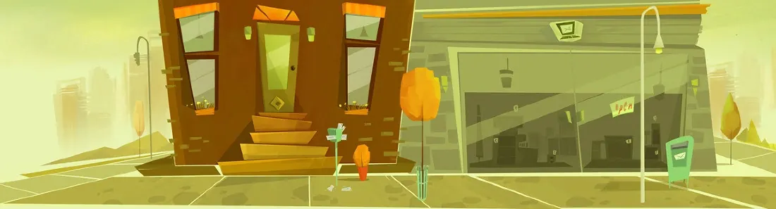 Cartoon Storefront Street Scene, illustrated, organic, warm