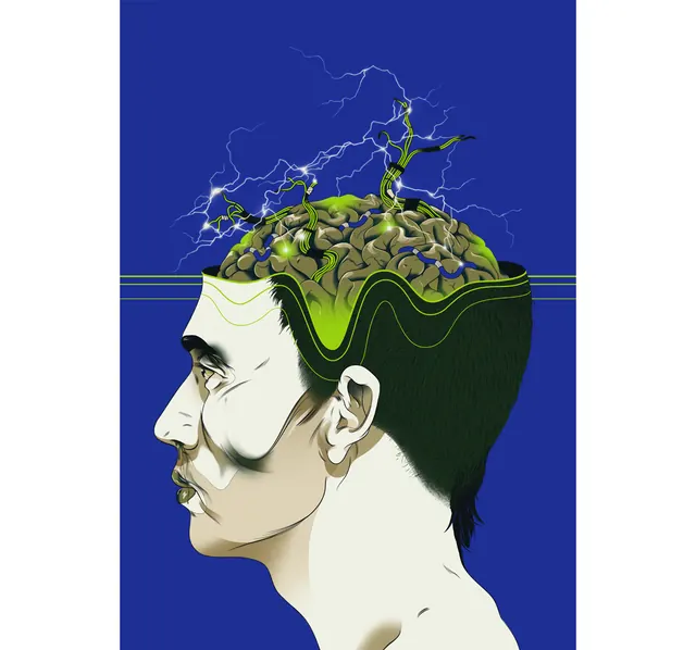 Surreal brain and circuit head illustration, illustrated, dark