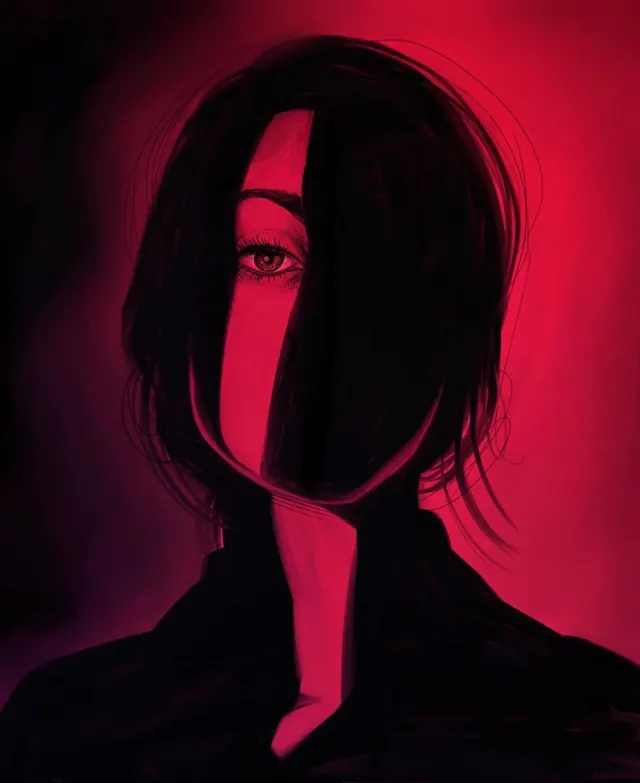 Digital portrait illustration with neon lighting effect, illustrated, gradient-heavy, vibrant