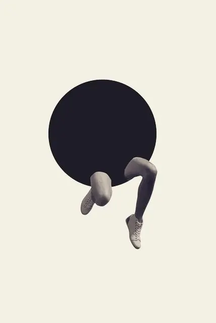 Figure holding oversized dark circle, minimalist, illustrated, light