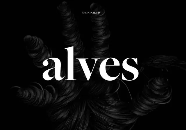 Alves typography with abstract hair design, dark-mode, minimalist, dark