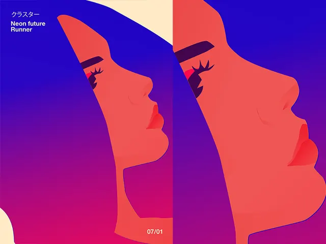 Neon future profile silhouettes, illustrated, gradient-heavy, vibrant