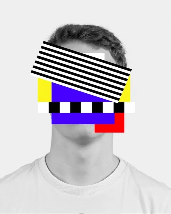 Colorful geometric overlay portrait, illustrated, abstract, vibrant