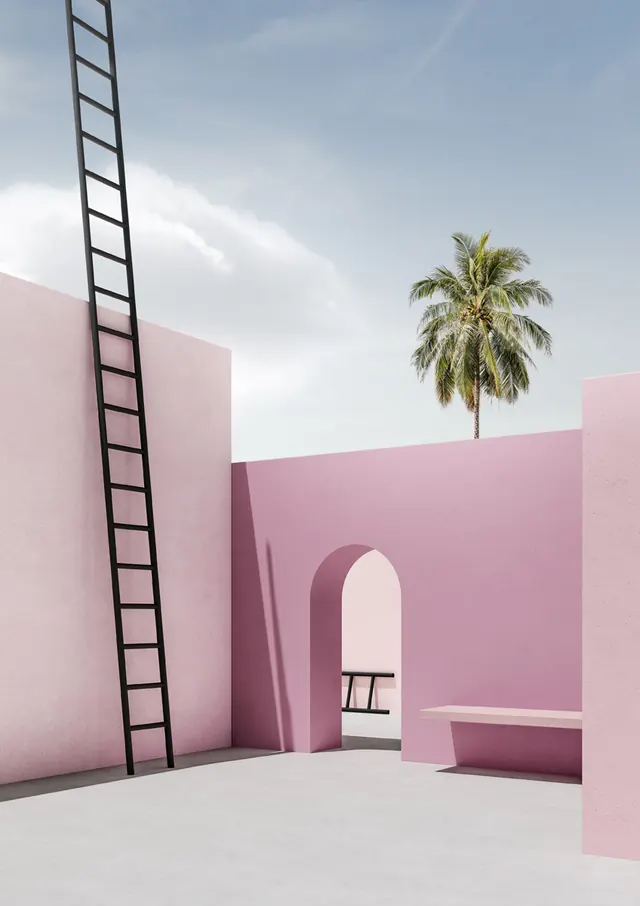 Minimalist archway with ladder and palm tree, illustrated, minimal, pastel