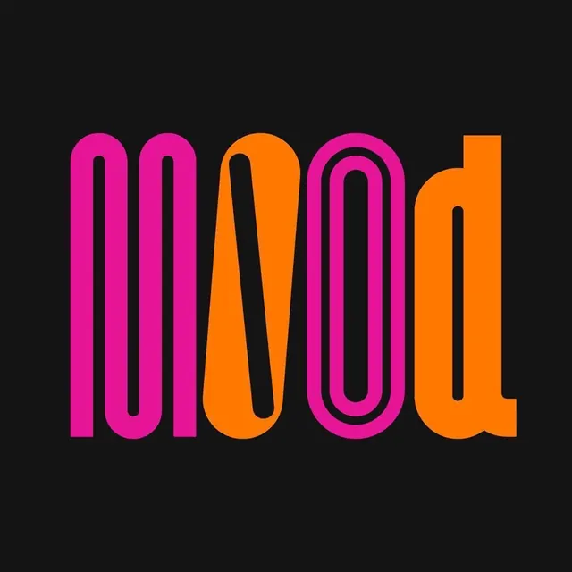 MOOD bold geometric wordmark in pink and orange, geometric, playful, vibrant