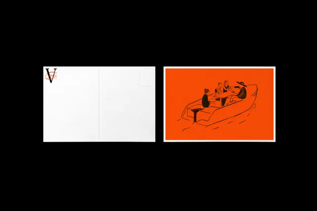 Orange postcard with boat line art, minimal, illustrated, vibrant