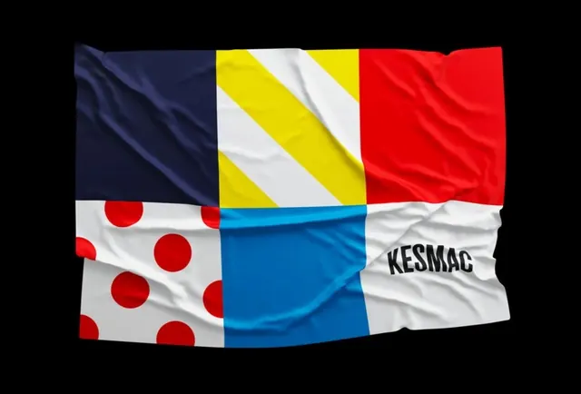 KESMAC six-panel jersey flag mockup, geometric, minimal, vibrant
