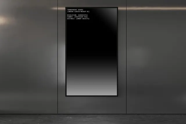 Indoor vertical screen mockup dark, minimal, technical, dark