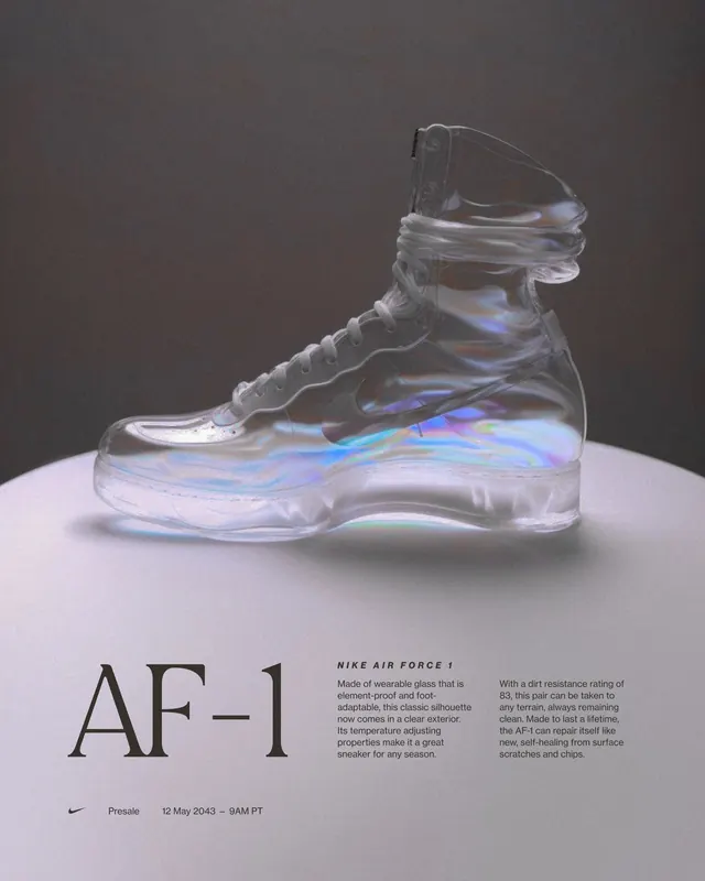 Glass Nike AF-1 concept poster, 3d-render, minimal, light