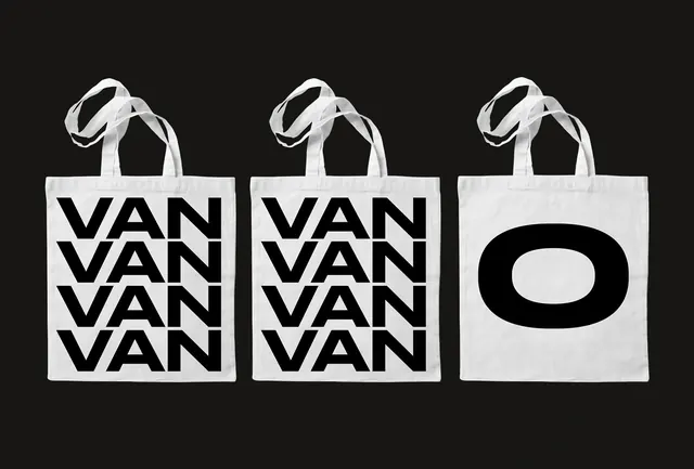 VAN O tote bags with typographic stacking and oval mark, minimal, flat, monochrome