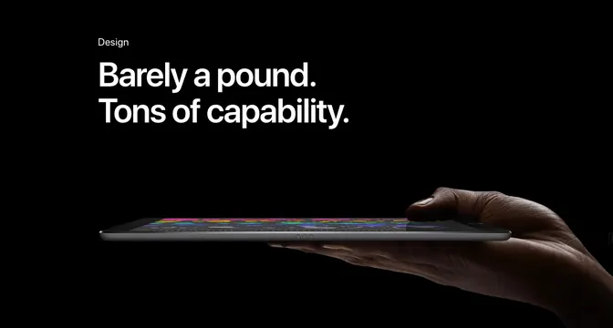 iPad advertising with product in hand and benefit copy, photographic, minimal, dark