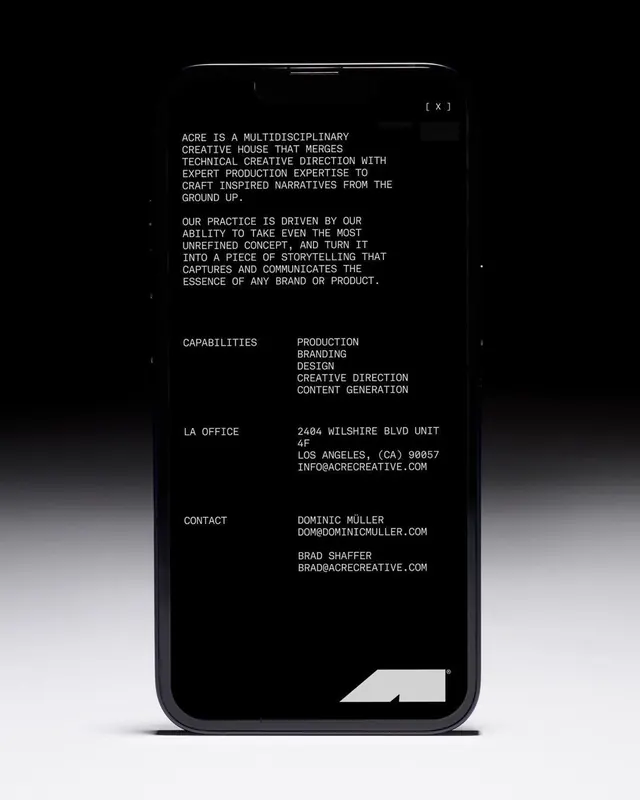 Dark creative agency brand guide on digital display mockup, minimal, technical, monochrome