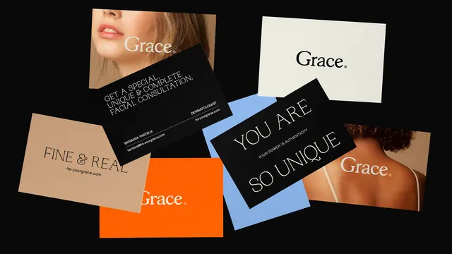 Grace beauty brand business cards and collateral mockup, minimal, modern, warm