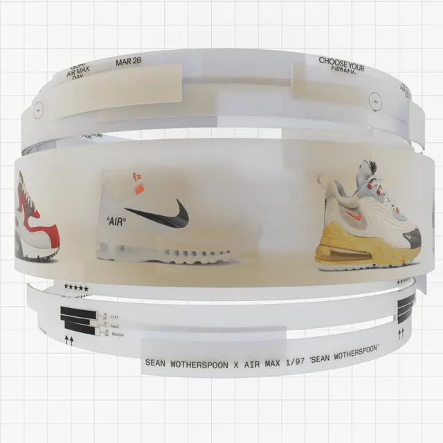 Circular sneaker display collage, minimalist, technical, light