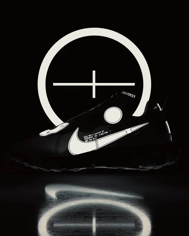 Nike sneaker and geometric shape composition, photographic, minimal, dark