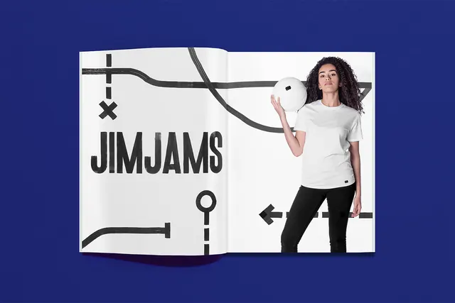 JimJams brand identity mockup with figure, minimal, geometric, high-contrast