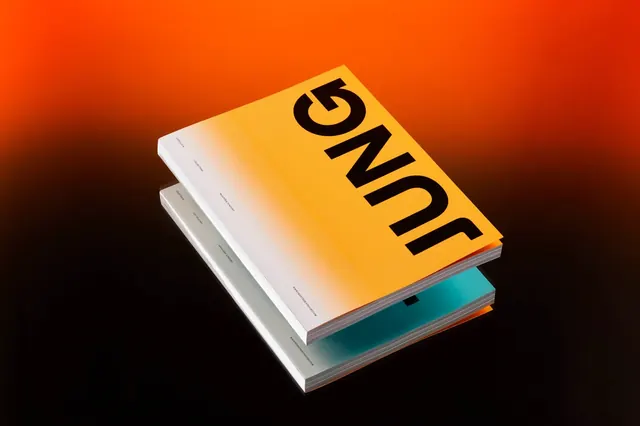 Stacked catalog covers with bold typography and warm palette, flat, geometric, warm