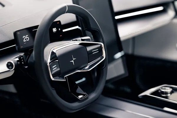 Polestar electric vehicle interior, minimal, corporate-clean, monochrome