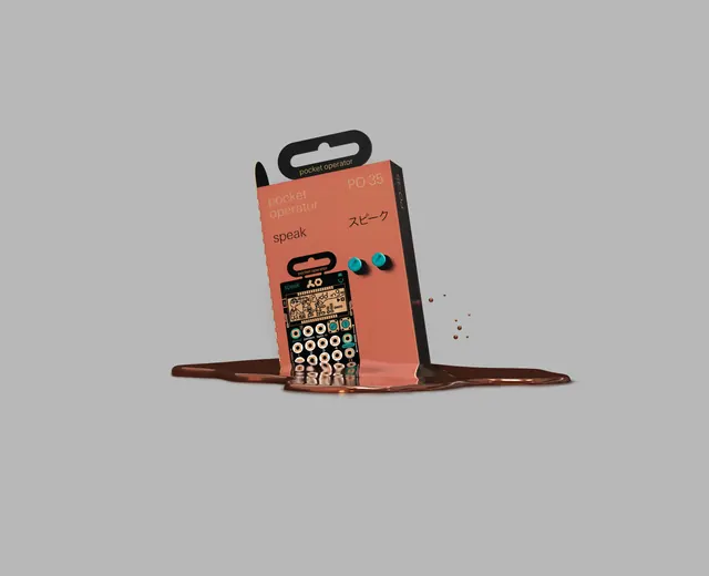 Teenage Engineering PO-35 product mockup and melt, product-design, playful, warm