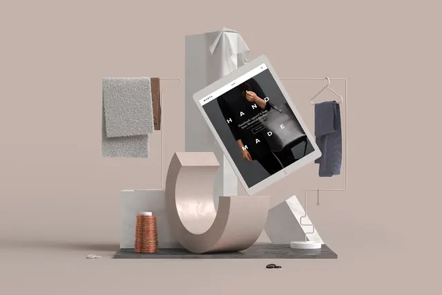 Fashion brand digital presentation mockup, 3d-render, minimalist, light