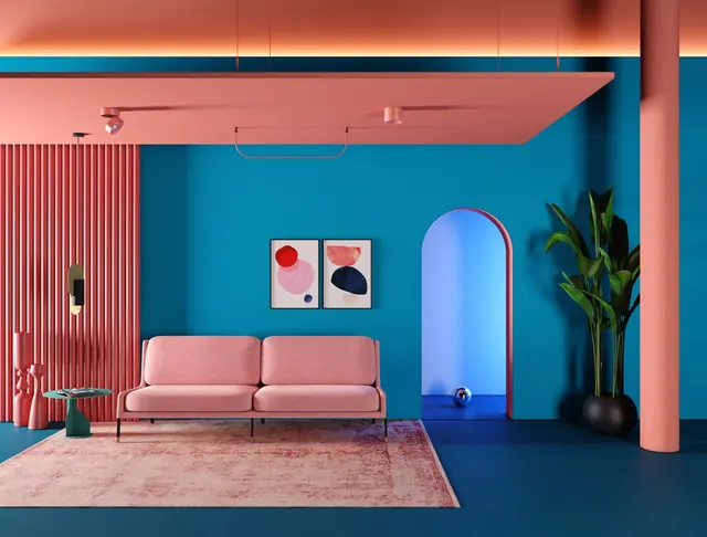 Modern interior with coral pink and teal, minimalist, modern, vibrant