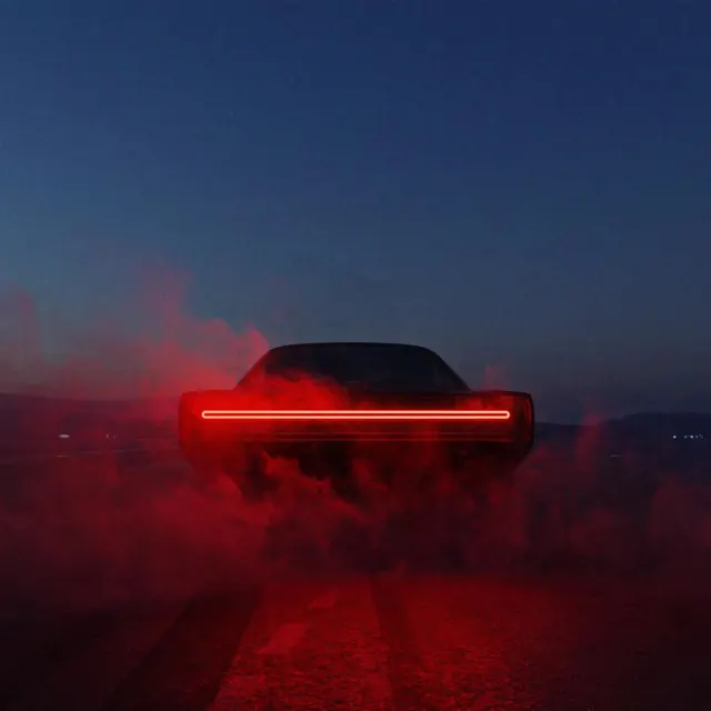 Electric vehicle with neon rear lighting, 3d-render, technical, dark