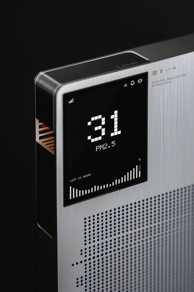 Air quality monitor device mockup, technical, minimal, dark