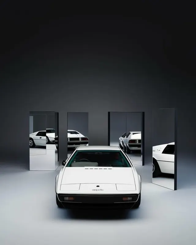 Classic cars gallery showroom, minimal, photographic, monochrome