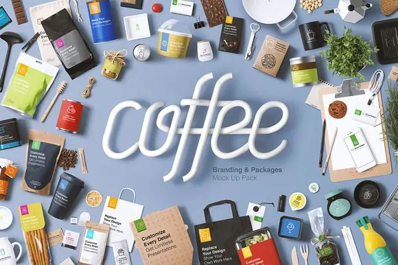 Coffee Branding & Packages Mock Up, photographic, maximalist, light