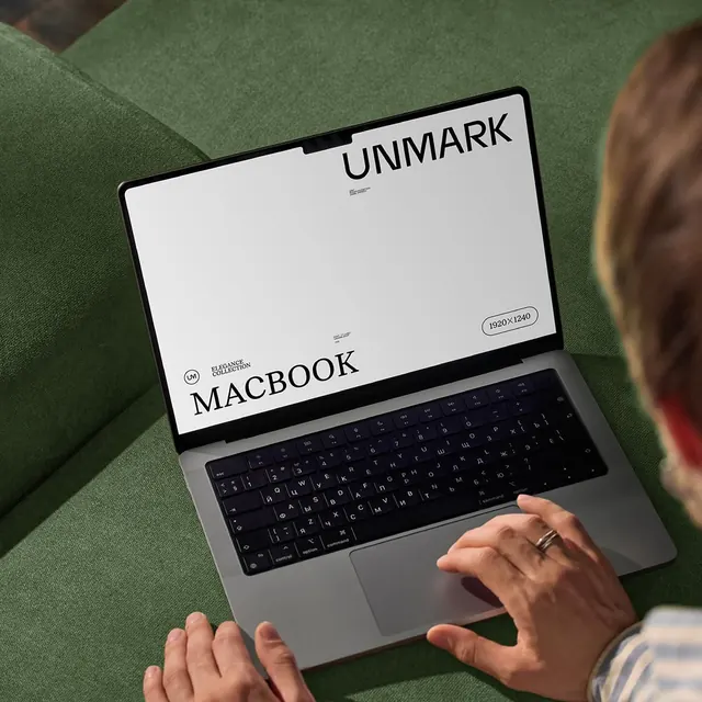 Dynamic Laptop Mockup with Customizable Couch Color, editorial, photographic, light
