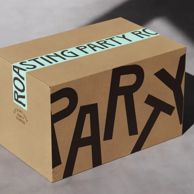 box with sticker mockup | Roasting Party's Vibrant Coffee Rebrand Inspired by Parisian Craftsma, minimal, geometric, dark