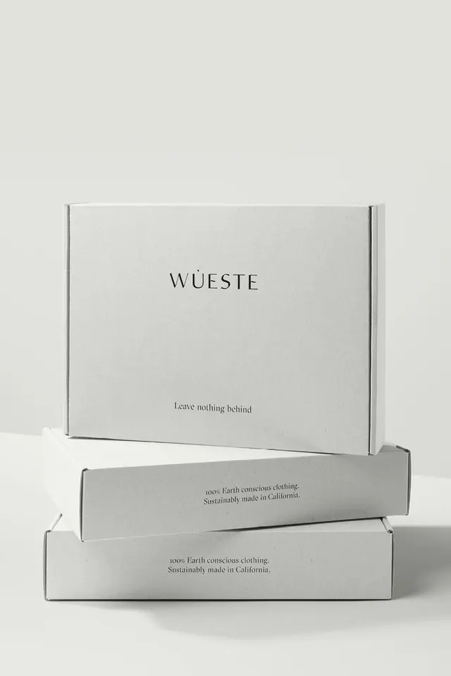 Branding, strategy and minimalist packaging for conscious fashion brand Wueste, minimal, editorial, light